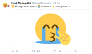 Emoji Mashup Bot with kissing closed eyes, in tears and victory hand