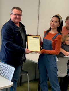 Mike Kent presenting Crystal Abidin with her Humanities Research Awards 2020