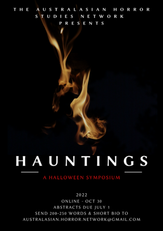 Event poster with a flame in the middle and the word Hauntings with event details at the bottom