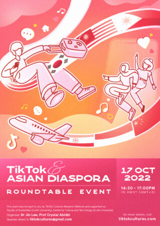 Poster in pink and orange of a plane, baggage and people travelling advertising the event