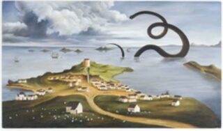 green headland with some houses on it jutting into the river with a serpent spiralling in the water